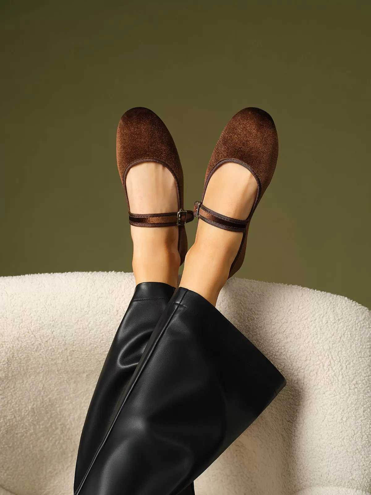 COMMENSE Velvet Mary Jane Ballet Shoes Brown Cheap