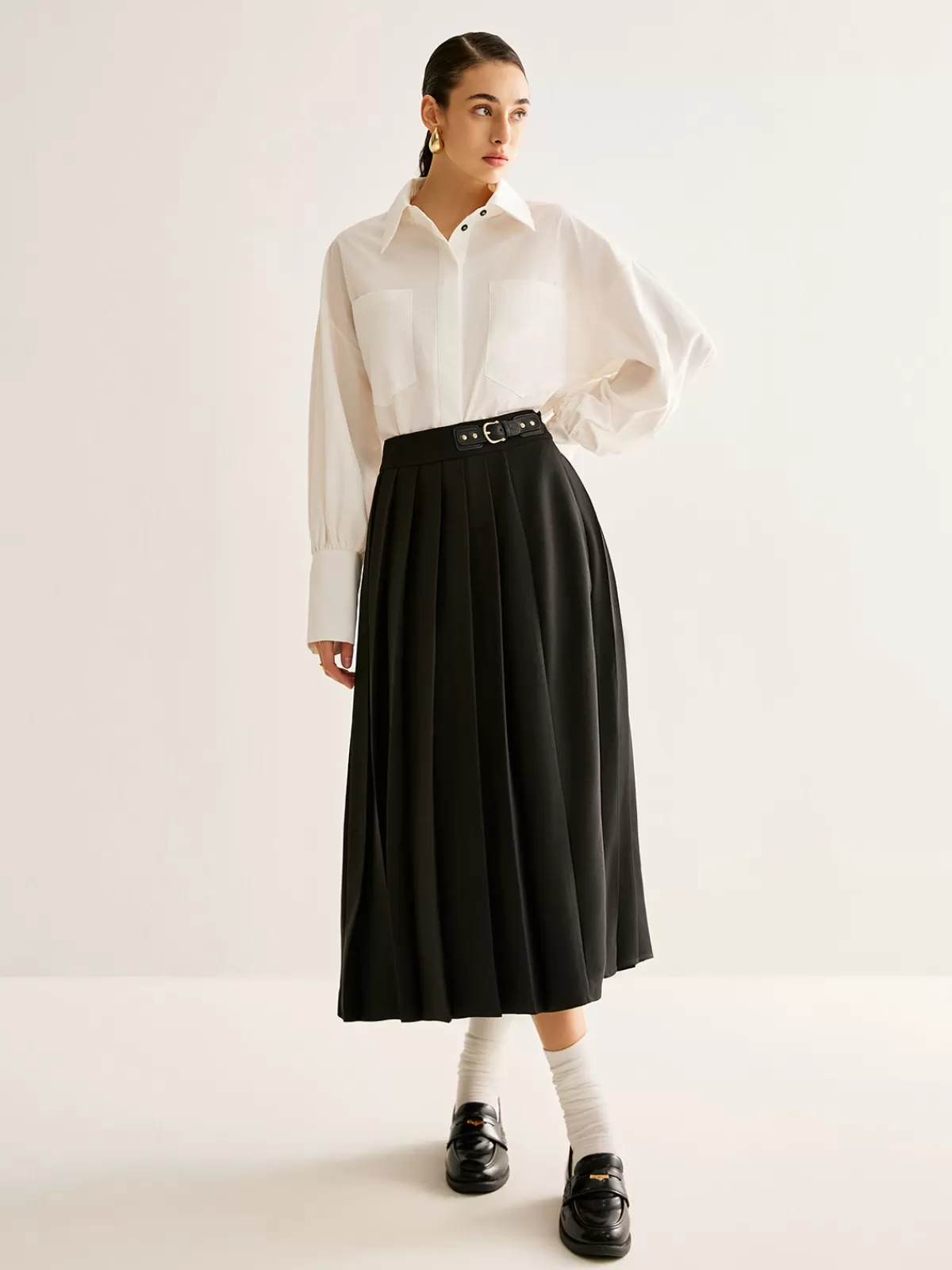 COMMENSE Versatile Buckle-Belt Pleated Skirt Black Shop