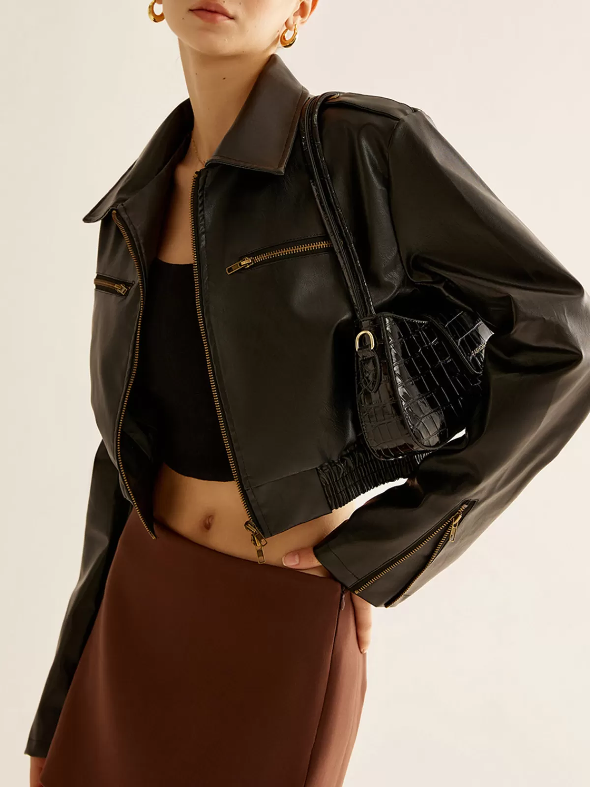 COMMENSE Versatile Crop Faux Leather Jacket Black Sale