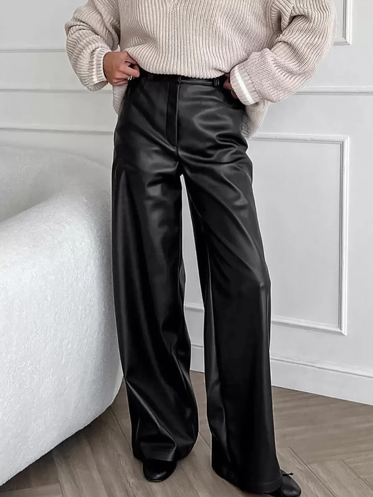 COMMENSE Versatile Faux Leather Pants Black Hot