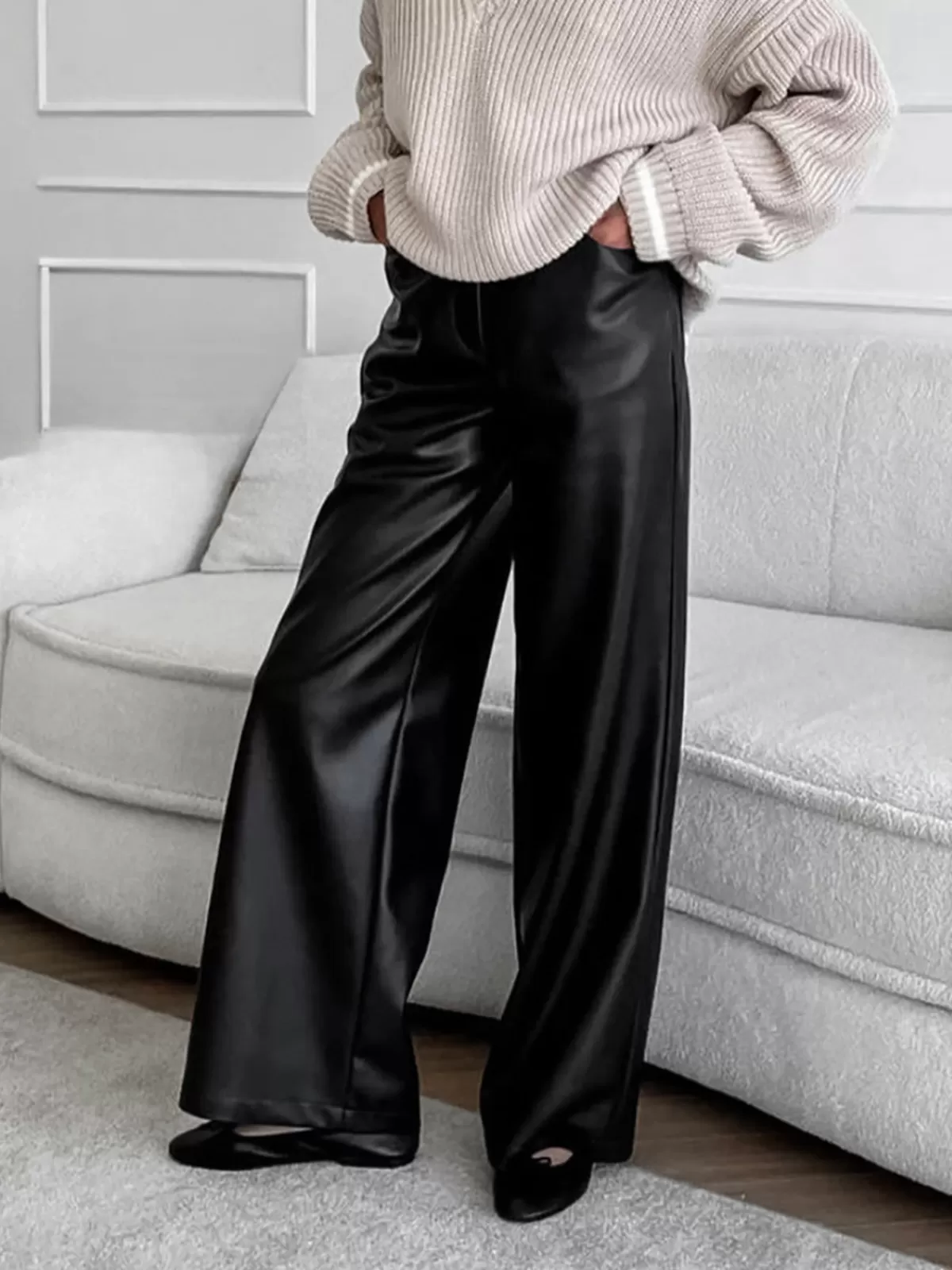 COMMENSE Versatile Faux Leather Pants Black Hot