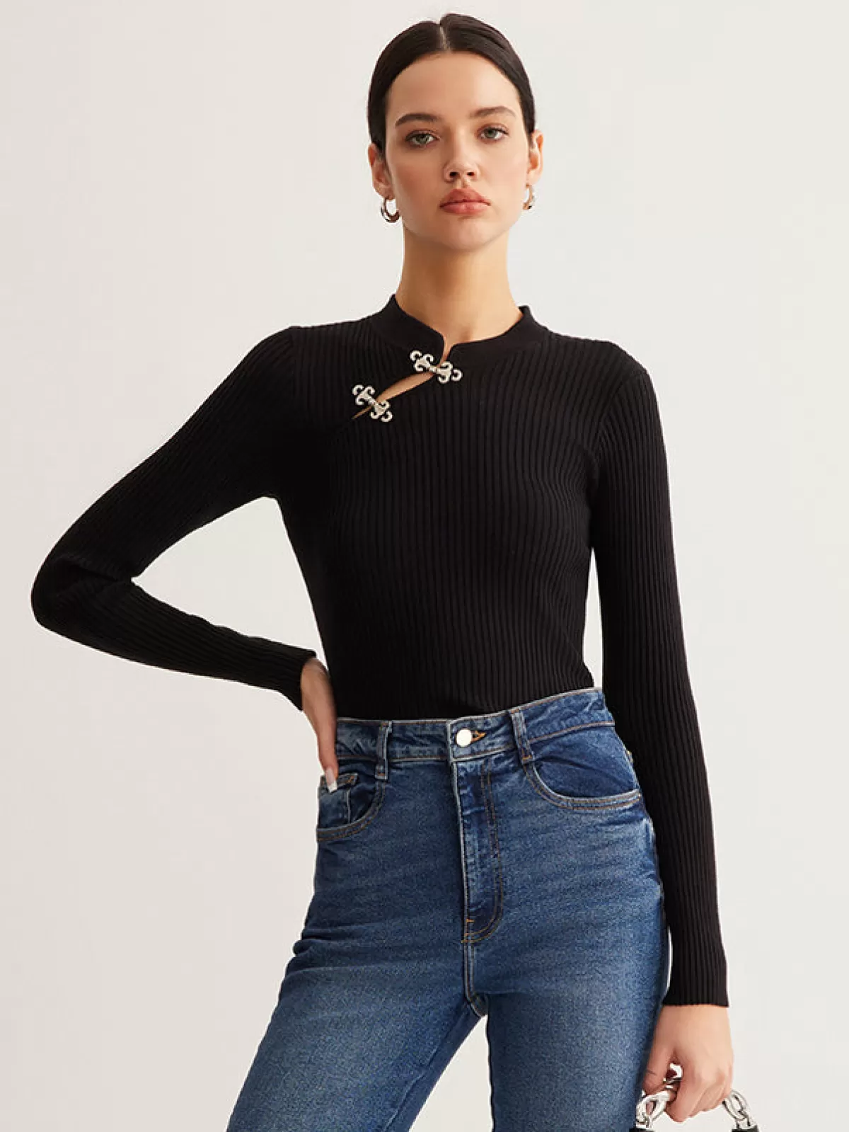 COMMENSE Versatile Metal Decor Knit Top Black Best Sale