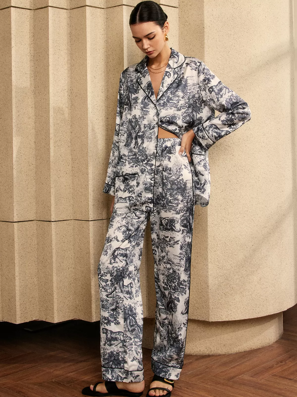 COMMENSE Vintage Printed Piping Pants Set Black Best