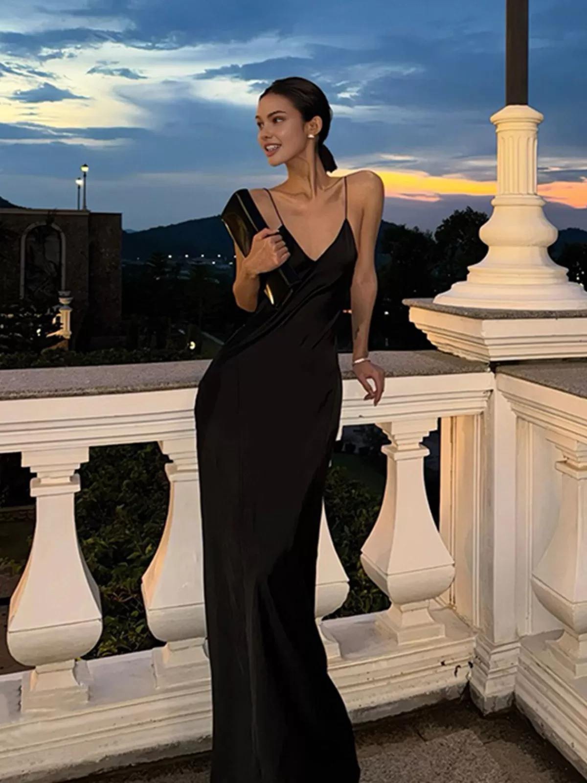 COMMENSE V-Neck Backless Satin Long Dress Black Clearance