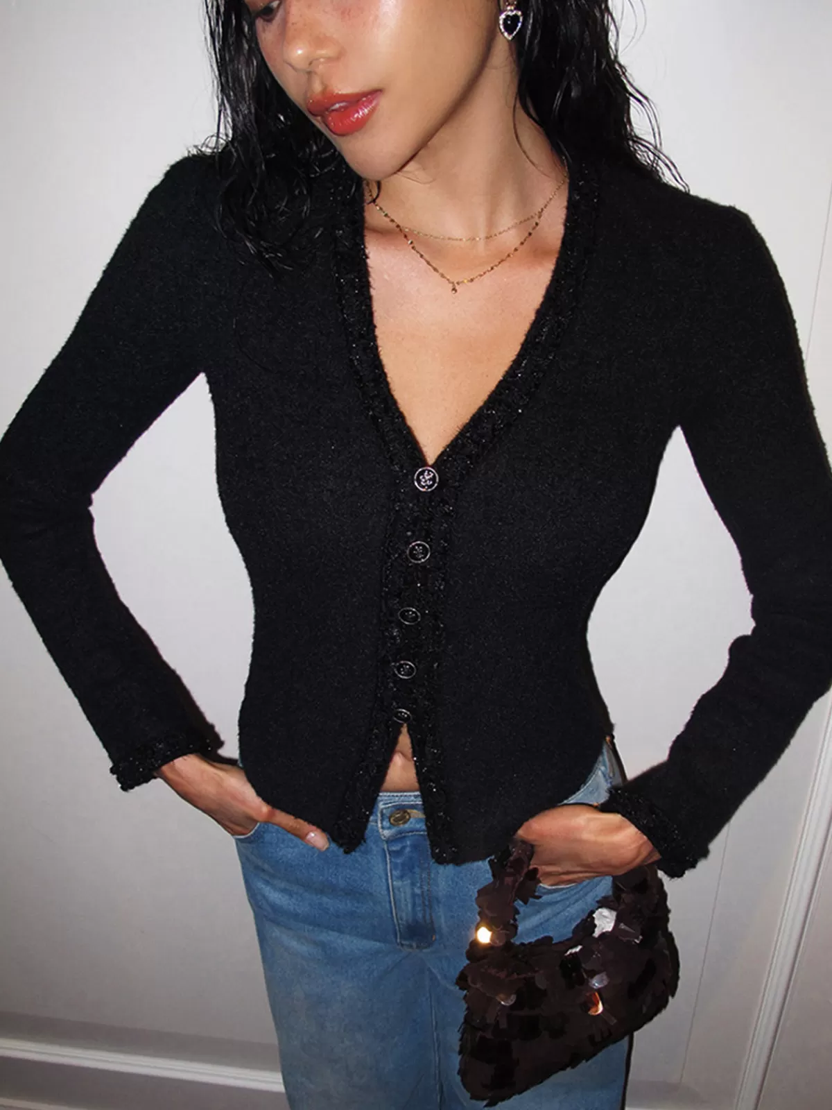 COMMENSE V-Neck Button Petite Blouse Black New