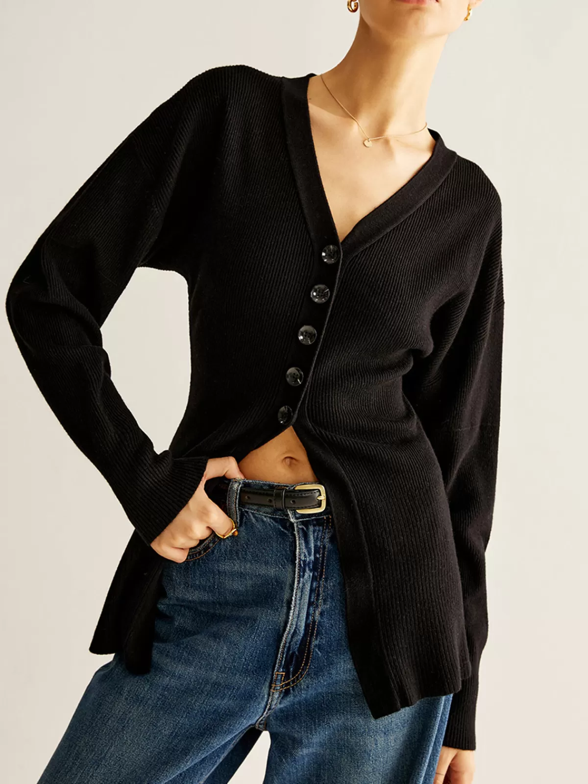 COMMENSE V-Neck Button Slit Cardigan Black Hot