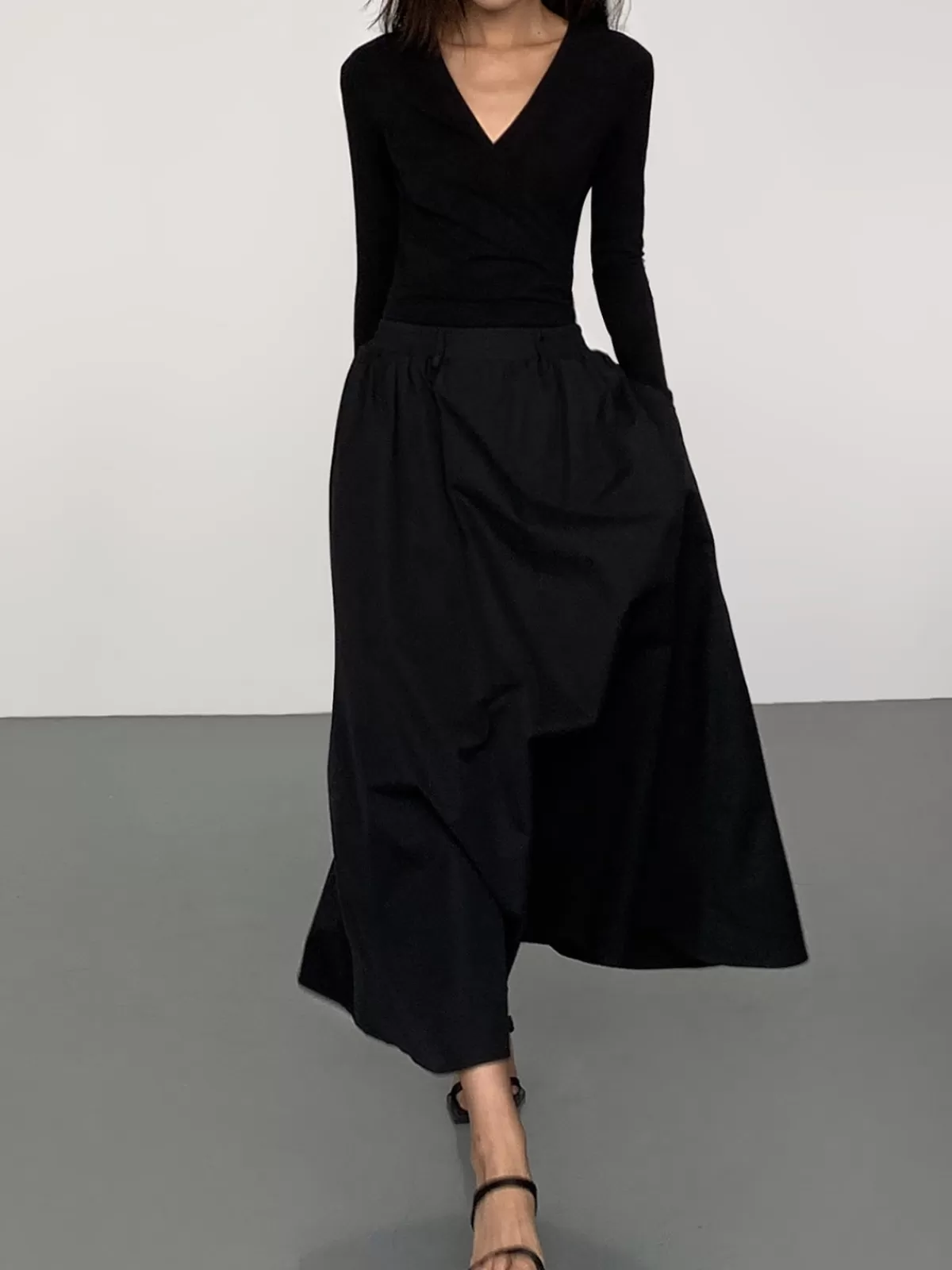 COMMENSE V-Neck Double Pockets Long Sleeve Long Dress Black Best Sale