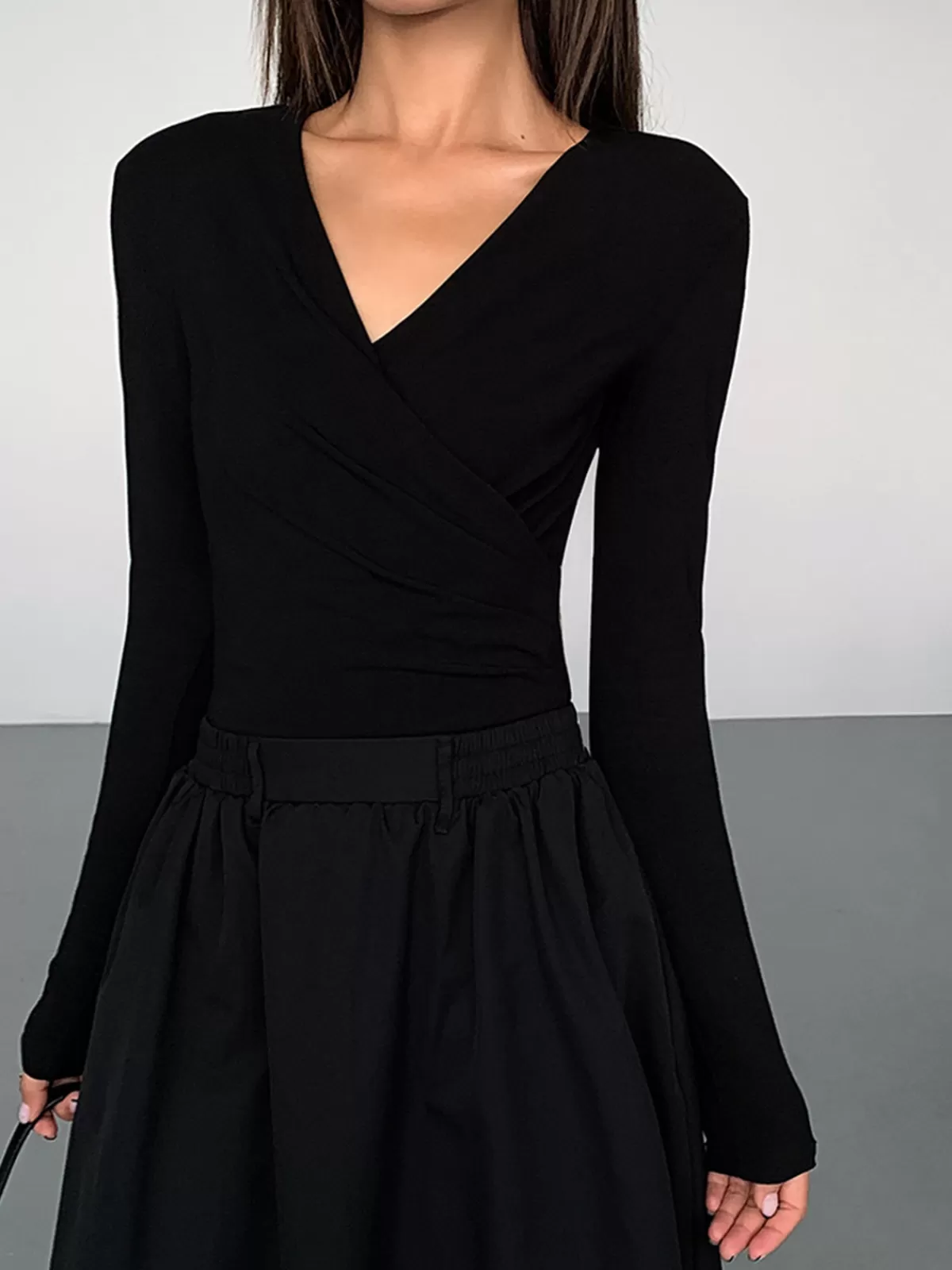 COMMENSE V-Neck Double Pockets Long Sleeve Long Dress Black Best Sale