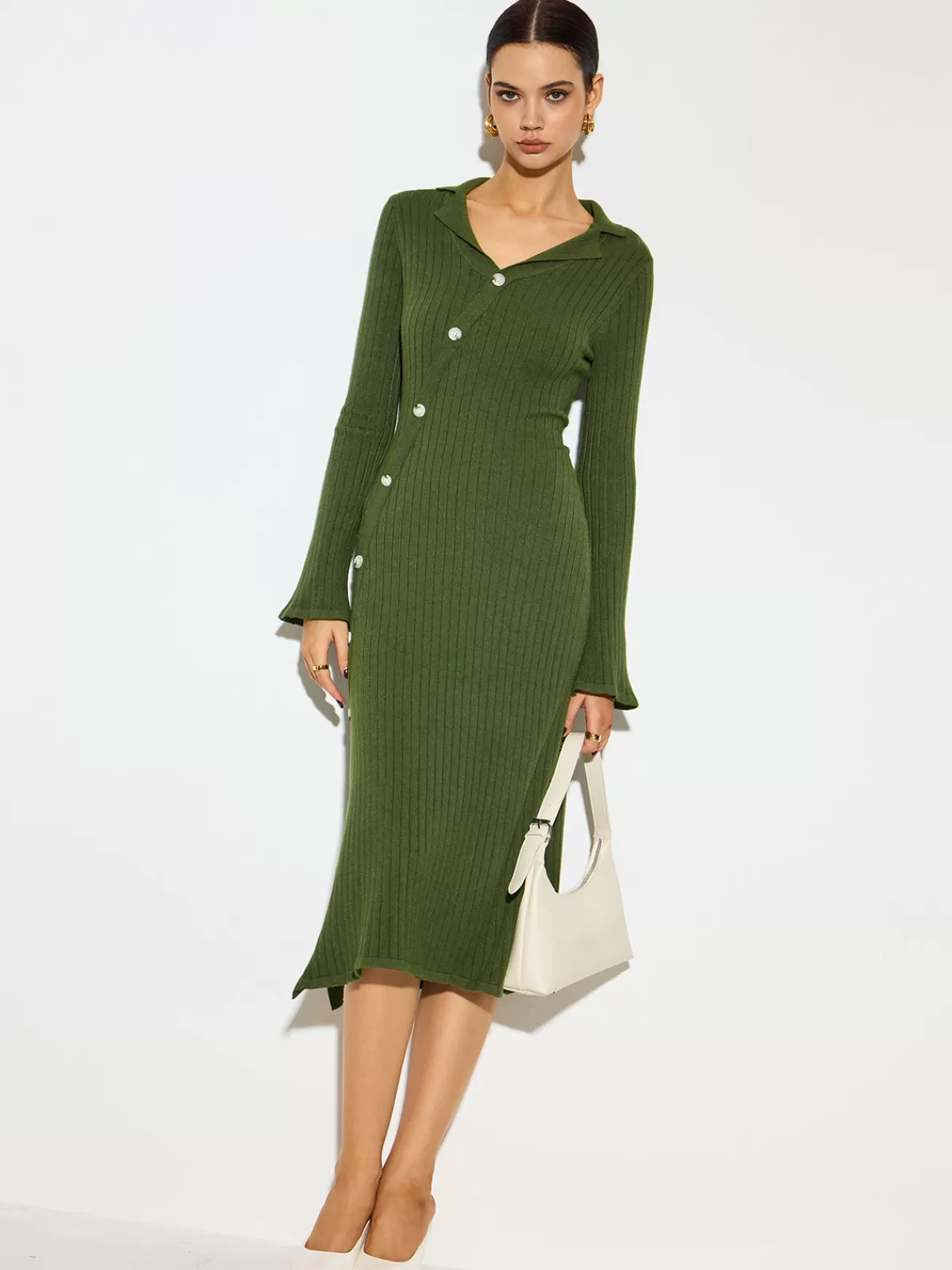 COMMENSE V-Neck Lapel Sweater Midi Dress Green Store