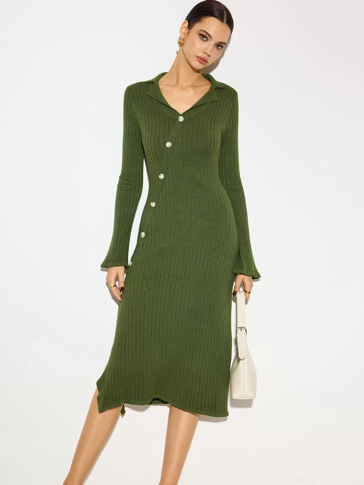 COMMENSE V-Neck Lapel Sweater Midi Dress Green Store