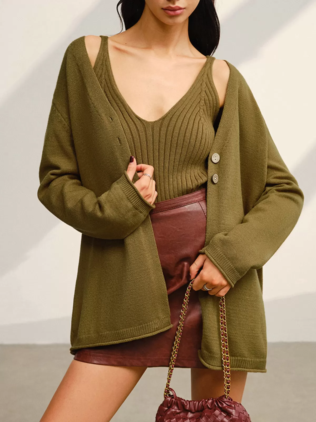 COMMENSE V-Neck Ribbed Sweater Co-ords Green Sale