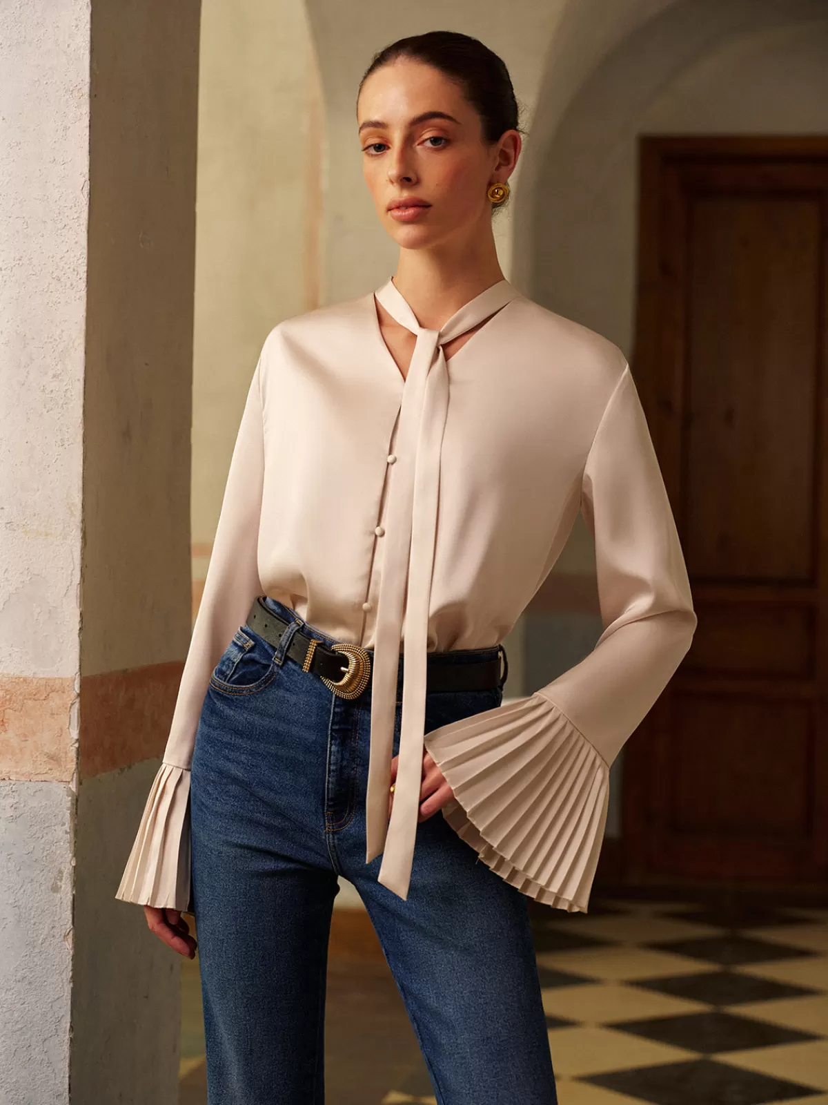 COMMENSE V-Neck Satin Pleated Shirt With Ribbon Apricot Discount