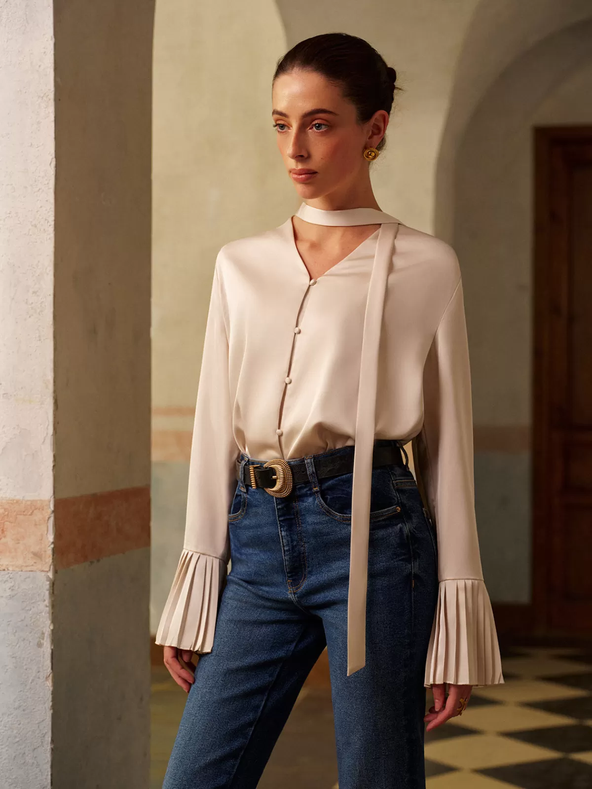 COMMENSE V-Neck Satin Pleated Shirt With Ribbon Apricot Discount