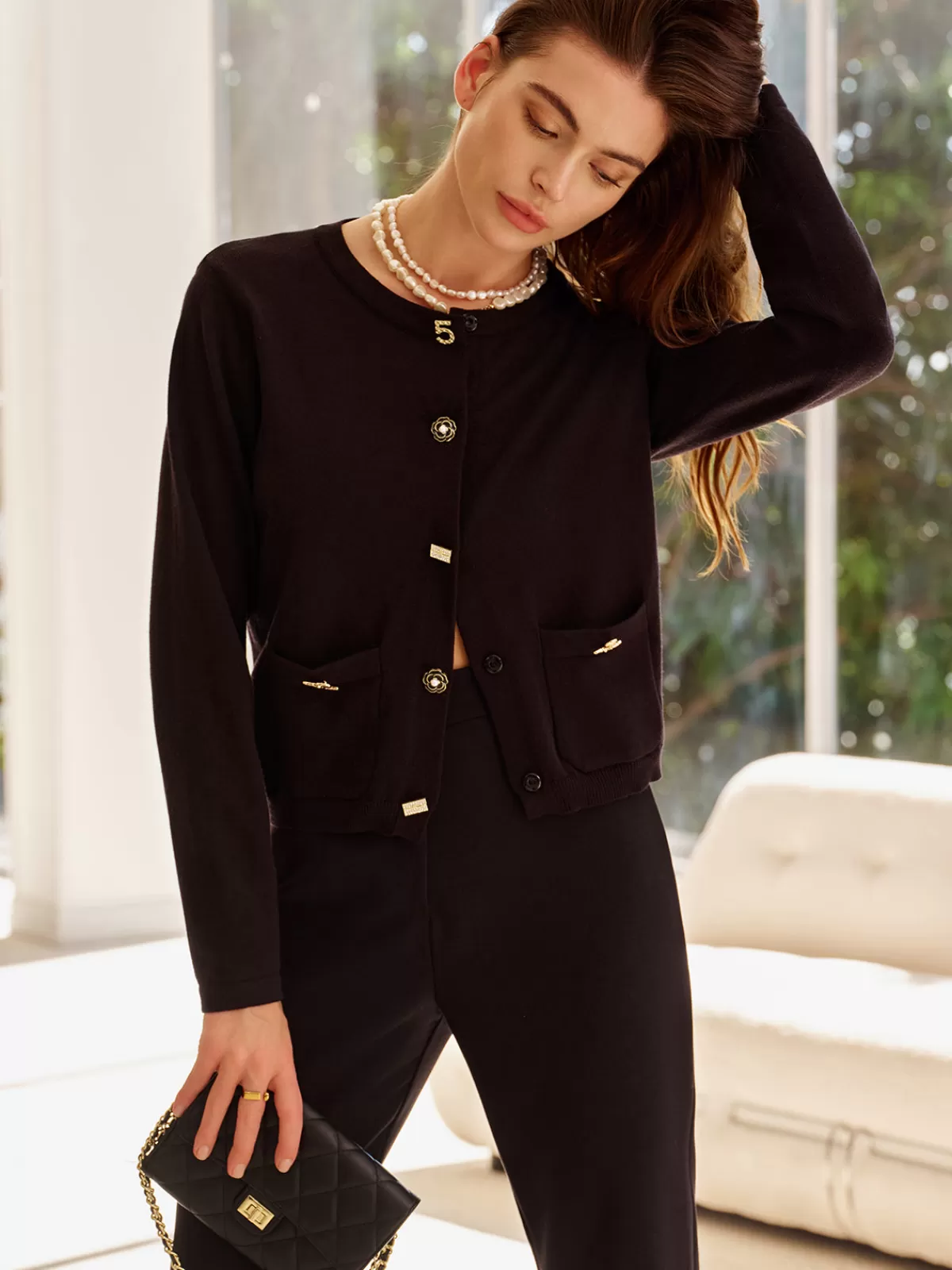 COMMENSE Wool-Blend Geometric-Button Cardigan Black Best Sale