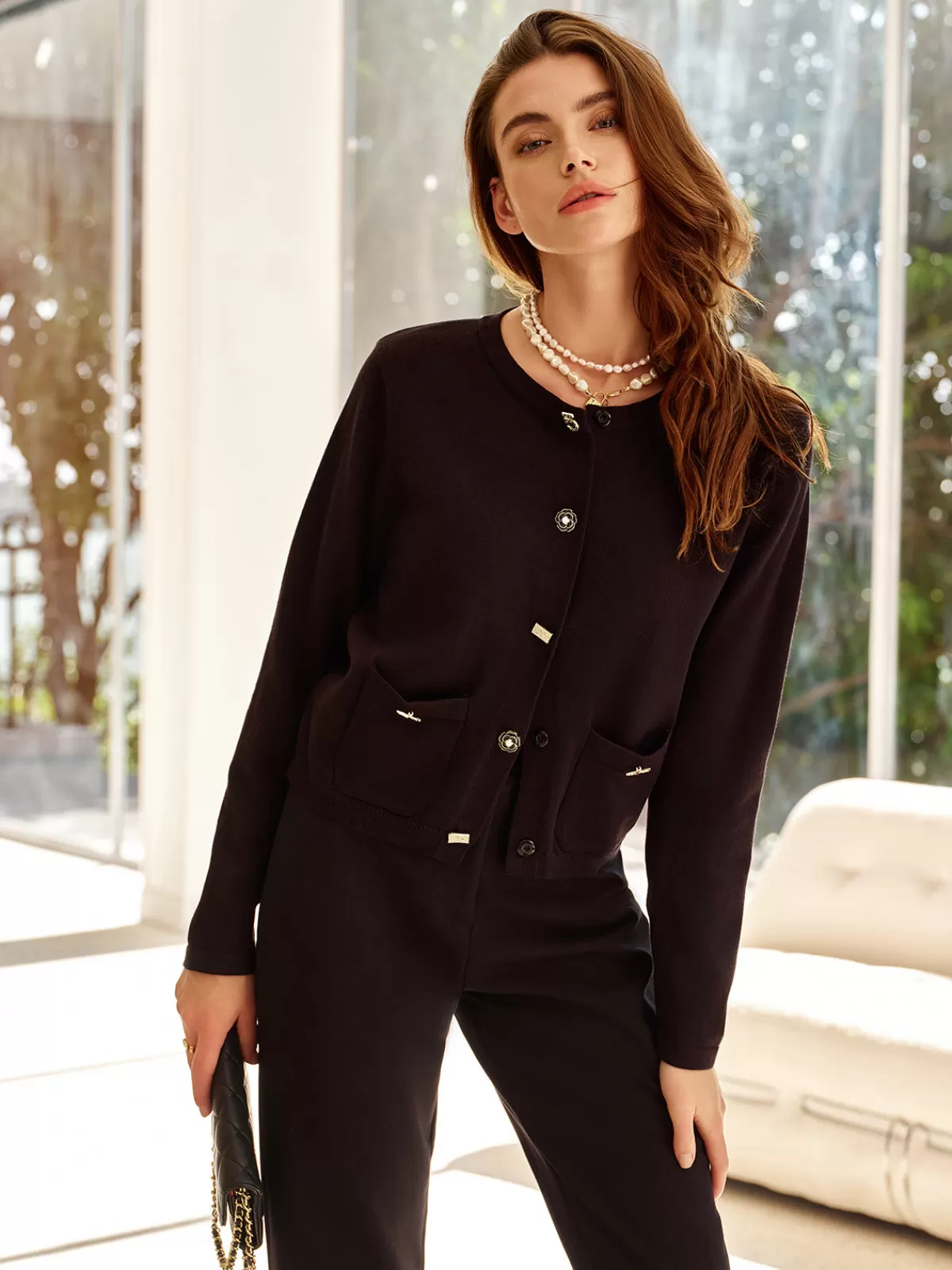 COMMENSE Wool-Blend Geometric-Button Cardigan Black Best Sale