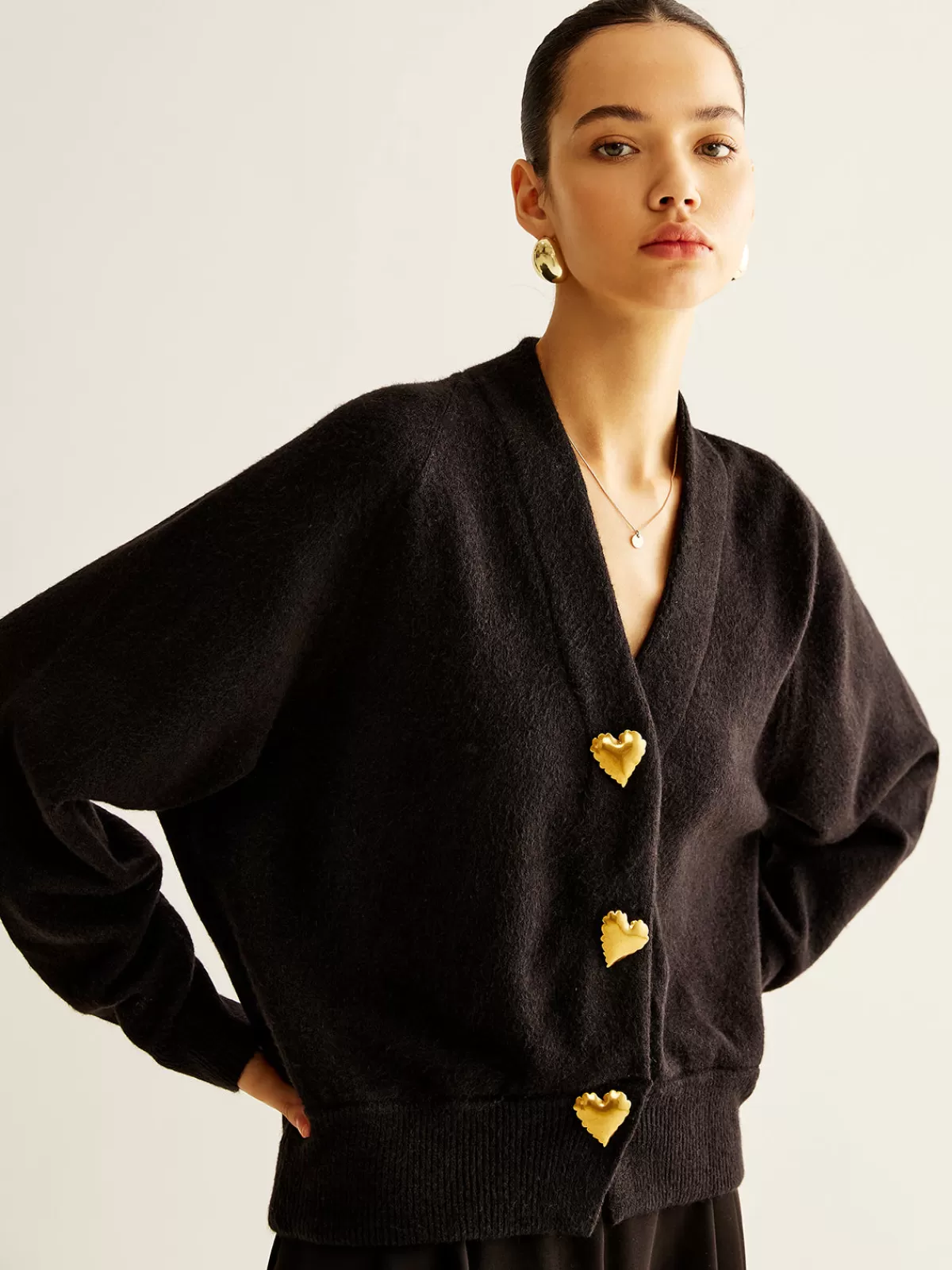 COMMENSE Wool-Blend Heart Button Cardigan Black Cheap