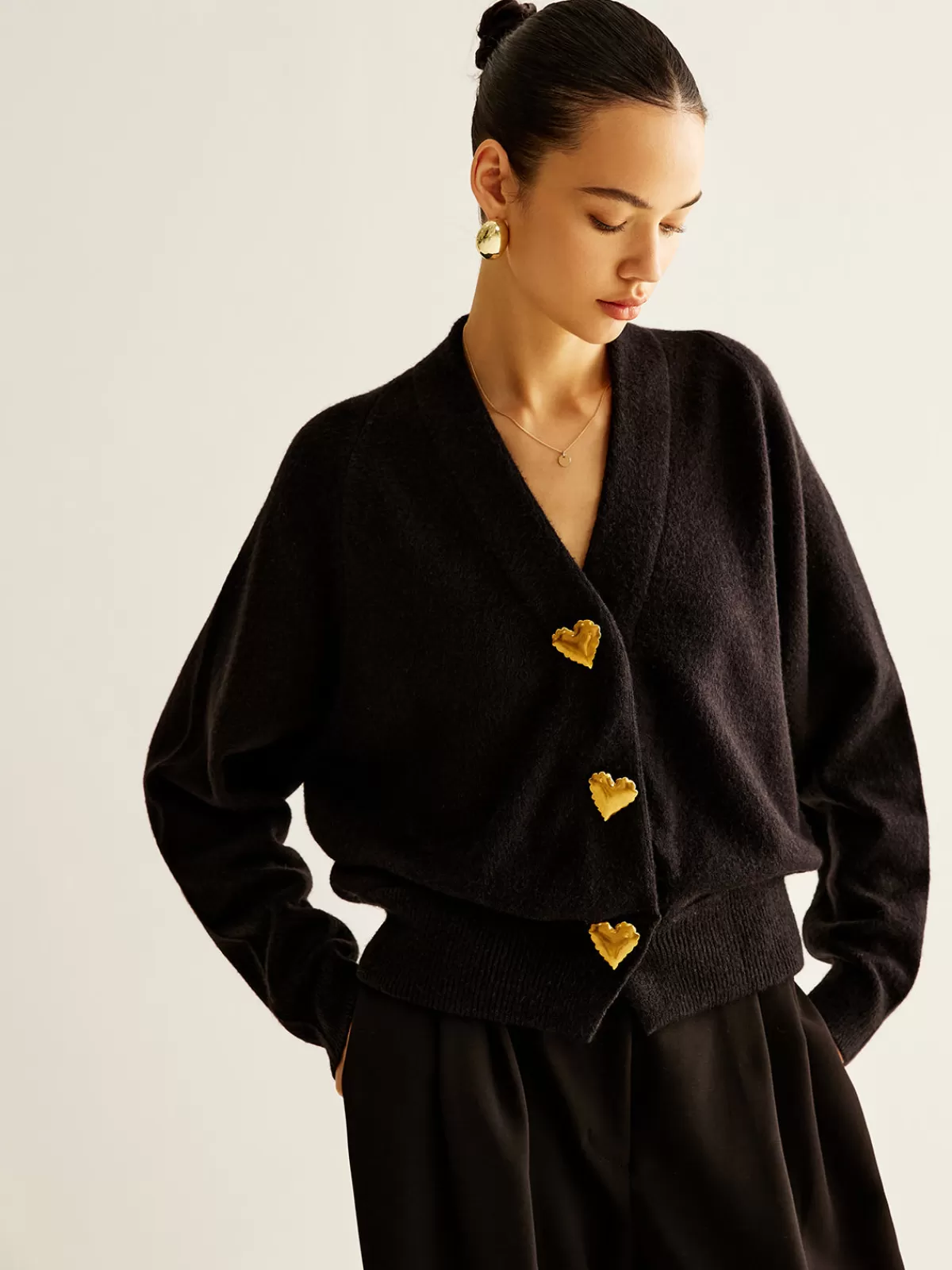 COMMENSE Wool-Blend Heart Button Cardigan Black Cheap