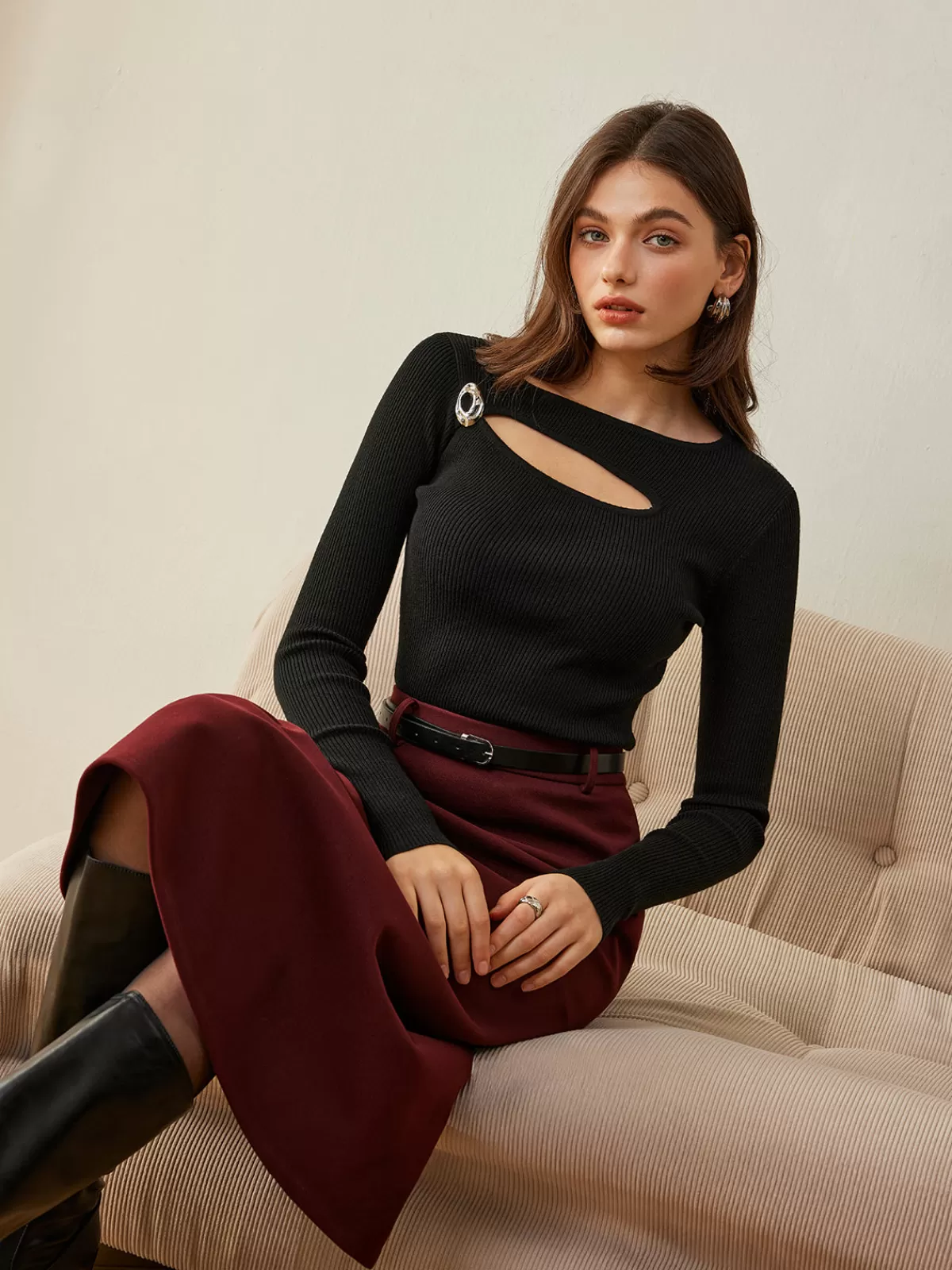 COMMENSE Wool-Blend Skinny Knit Top Black Store